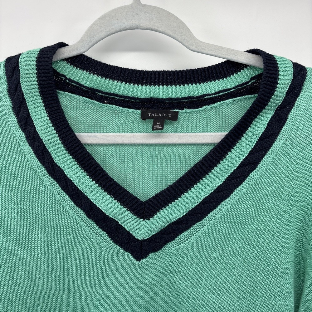 Talbots Sweater Womens M Green Black V Neck 100% Linen Knit Pullover Coastal - Picture 3 of 10